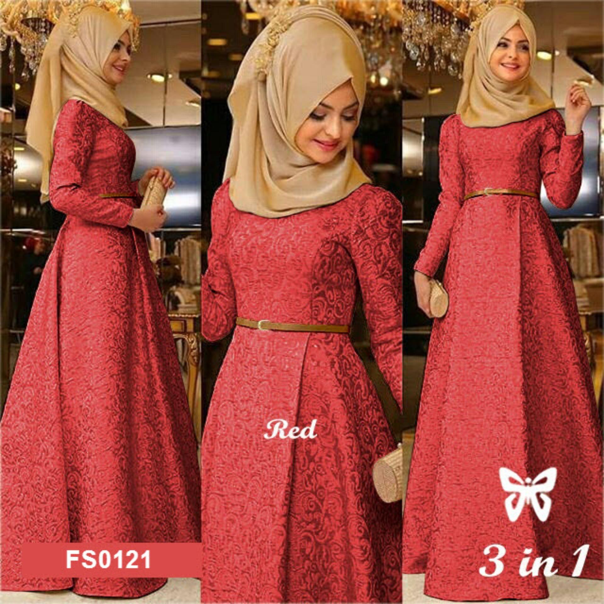 Flavia Store Maxi Dress Lengan Panjang Set 3 in 1 FS0121 - MERAH MARUN / Gamis Syari / Gaun Pesta Muslimah / Baju Muslim Wanita Syar'i / Hijab / Srzamirah