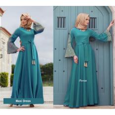 Flavia Store Maxi Dress Lengan Panjang Terompet Bordir FS0712 - HIJAU TOSCA / Gamis Syari / Gaun Pesta Muslimah / Baju Muslim Wanita Syar'i / Srmadina