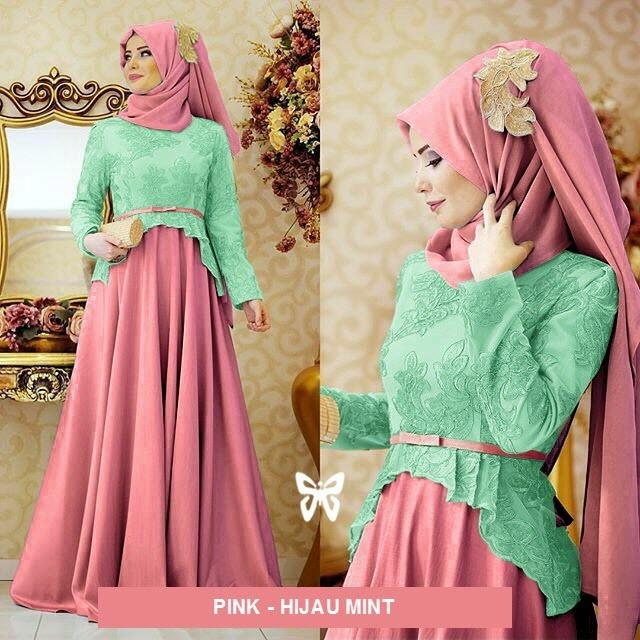 Flavia Store Maxi Dress Lengan Panjang Set 2 in 1 FS0369 - PINK HIJAU MINT / Gamis Syari / Gaun Pesta Muslimah / Baju Muslim Wanita Syar'i / Hijab / Sryolanda