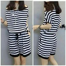 Flavia Store Jumpsuit Pendek Wanita Sabrina Tali Salur FS0313 - HITAM PUTIH / Baju Terusan / Celana Jamsuit Garis / Rnjamsuitsalur