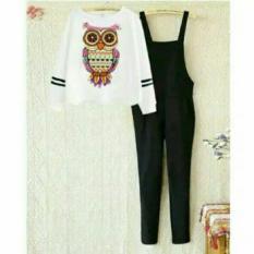 Flavia Store Setelan Overall Wanita FS0514 - HITAM PUTIH / Stelan Bawahan Jumpsuit Atasan Kaos TShirt Lengan Panjang / Celana Jamsuit / Baju Kodok / Rnowl