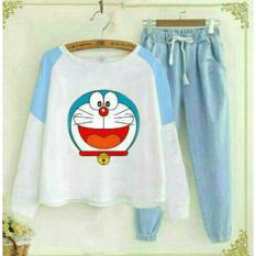 Flavia Store Setelan Wanita Kartun Doraemon Smile FS0179 - PUTIH BIRU / Stelan Atasan Baju Kaos TShirt Lengan Panjang Bawahan Celana Joger / Rndorasmile