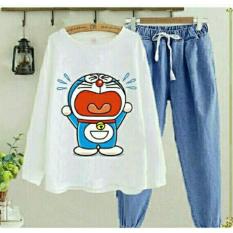 Flavia Store Setelan Wanita Kartun Doraemon Cry FS0210 - PUTIH BIRU / Stelan Atasan Baju Kaos TShirt Lengan Panjang Bawahan Celana Joger / Rndoracry