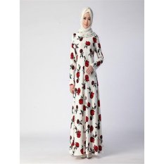 Bunga Pola Muslim Wanita Renda Ramping Panjang Gaun Baju Kurung Arabloose Pas Pakaian Khusus untuk Ramadan (Putih) -Internasional