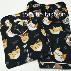 Fortune Fashion Piyama CP Cat Kacamata - Hitam / Piyama Murah / Piyama Karakter / Baju Santai / Daster / Daster Murah / Baju Tidur Wanita