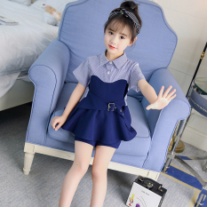 Gadis Baru Potong SET Lengan Bang Pendek Rok Celana Panjang Lengan Bergaris Kemeja (Biru)