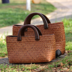 Tas Pantai Gadis Mori Rotan Tas Besar Gagang Kayu (Bumi Emas Kecil (Tidak Ada Menutupi Kaki) 30*10*18)