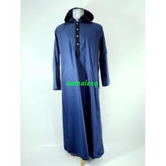 gamis jubah pria kupluk biru kombinasi hitam