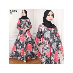 Gamis Maxi Dress Katun Motif Bunga Merah-Hitam (Emma 40) Tanpa Pasmina