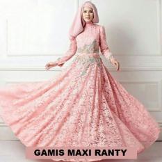 Gamis Maxi (M - Fit L) RANTY Peach + Pashmina - Brokat Furing