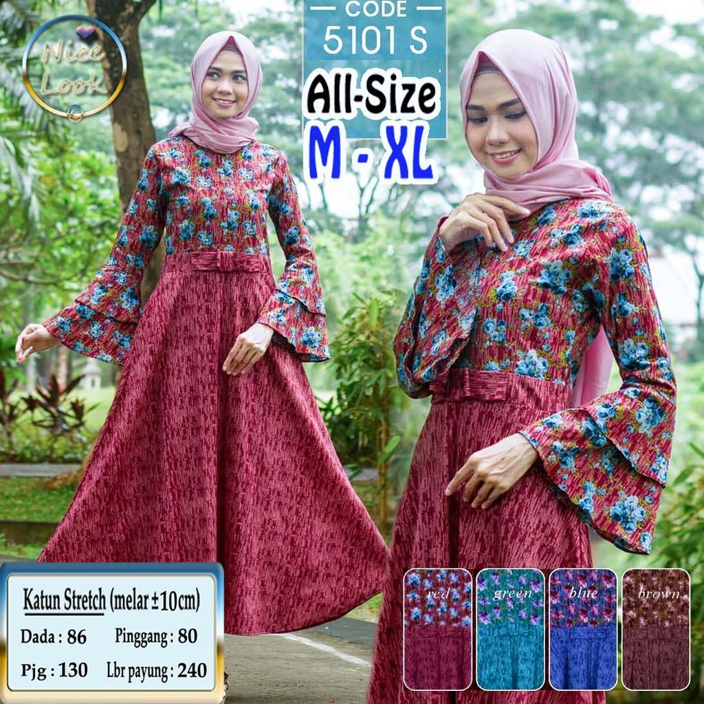 GAMIS MV - 5101S DRESS MAXI BATIK MODERN LENGAN RUFFLE ALL-SIZE M-XL KATUN STRETCH