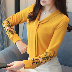 Gaya Barat Baju Lengan Panjang Wanita Ukuran Besar Kemeja Kecil Sifon Atasan (Kuning)