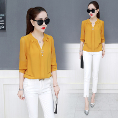 Gaya Barat Korea Modis Gaya Baru Lengan Panjang Wanita Baju Dalaman Kemeja Jersey Rayon (Kuning)