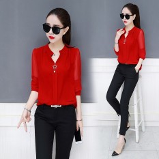 Gaya Barat Korea Modis Gaya Baru Lengan Panjang Wanita Baju Dalaman Kemeja Jersey Rayon (Merah)