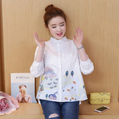 Angin Cina Kemeja Putih Bordir Musim Gugur Kemeja Wanita Katun (Putih)