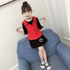 Setelan Anak Perempuan Dua Potong Sweater Gaun Versi Korea (Merah) (Merah)