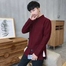 Gaya Oriental Etnis Angin Laki-laki Setengah Panjang Model Gelang Rajutan Atasan Wol Jaket Parka (Arak Anggur Warna)