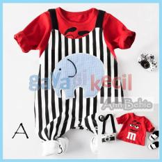 Gaya Si Kecil Jumpsuit pakaian baju setelan kaos Bayi Anak gajah merah stripe impor keren lucu lembut panjang