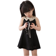 Getek Gadis Tanpa Lengan Payet Kerah Gaun Renda (Hitam)-Intl