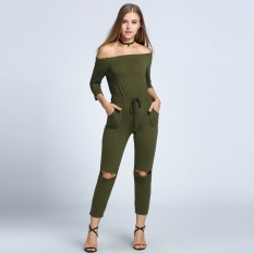 GETEK Wanita 3/4 Lengan Baju Off-bahu Buka Pakaian Terusan Selutut (hijau Tentara)