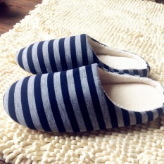Hadiah Kain Bergaris Bawah Pasangan Wanita Pria Hangat Sandal Non Tergelincir Sepatu DARK BIRU-Intl