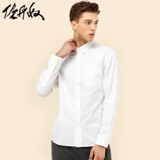 Giordano Oxford Berputar Pria Lengan Panjang Kemeja Katun Kasual Kemeja (01 Putih)