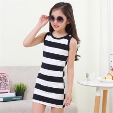 Girls' Pakaian Garis Hitam dan Putih Musim Panas Gadis Berpakaian 100% Katun Rompi Dresses untuk Remaja Girls 130 Cm-Intl