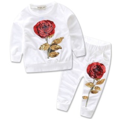 Gadis Pakaian Set 2017 Musim Dingin Wol Sportswear Lengan Panjang Mawar Bunga Bordir Sequinsets Anak-anak Pakaian Set 2 Warna-Internasional