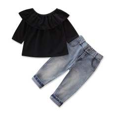 Girls Clothing Sets Cotton Black half sleeve Tops+cowboy Pants Baby Girl Clothes pocket Jeans 2pcs Teenager Kids Suit for 2-7Y - intl