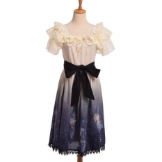 Girls Fairy Lolita JSK Dress Lace Trim Starry Sky Print Beading Chiffon Dresses - intl