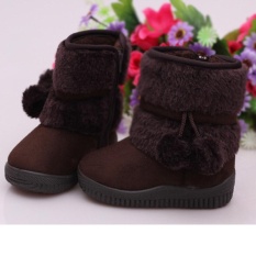 Girls Plush-diisi Salju Boots Datar Musim Dingin Hangat Sepatu (Cokelat Kehitaman)-Intl