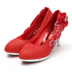 Berkilau Vogue Renda Bunga-bunga Kristal Tinggi Tumit Pernikahan Pengantin Tarian Sepatu Pesta-Internasional