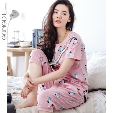 Gong Die Musim Panas Piyama Wanita Musim Panas Lengan Pendek SuitKorean-gaya Longgar Manis Kecil Cute Cotton Celana Rumah Pakaian -Intl