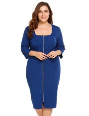 Goodshopping2015 Modis Wanita Kasual Plus Ukuran Persegi Leher 3/4 Lengan Polos Depan Ritsleting Gaun Diskon Besar-Internasional