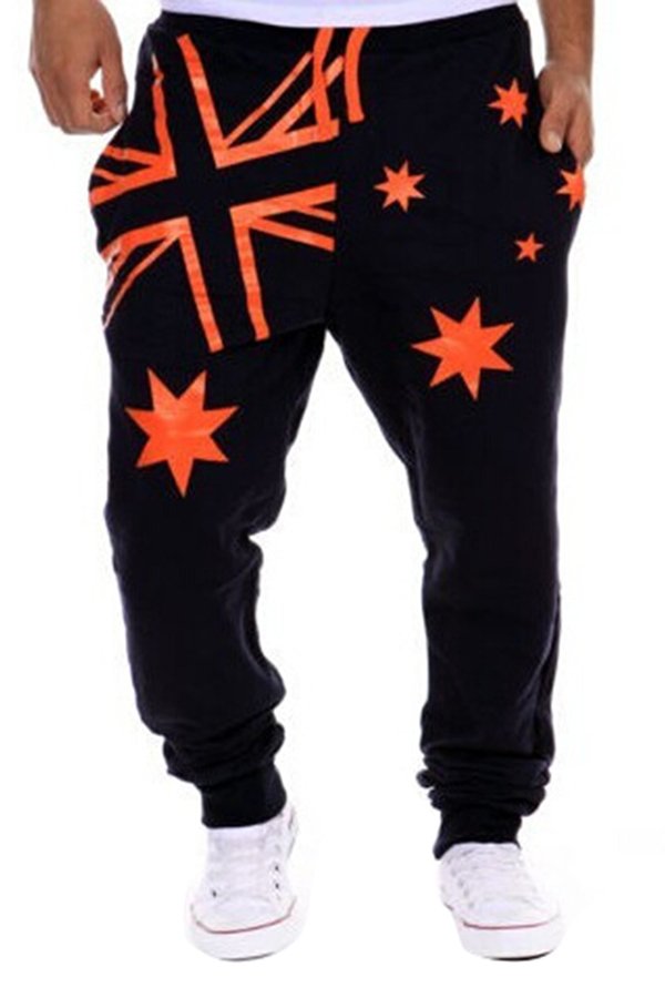Gracefulvara Chic Pria Kasual Sport Sweat Pants Harem Bendera Nasional Printed Dance Jogging Baggy Pria Panjang Celana (Navy Biru)