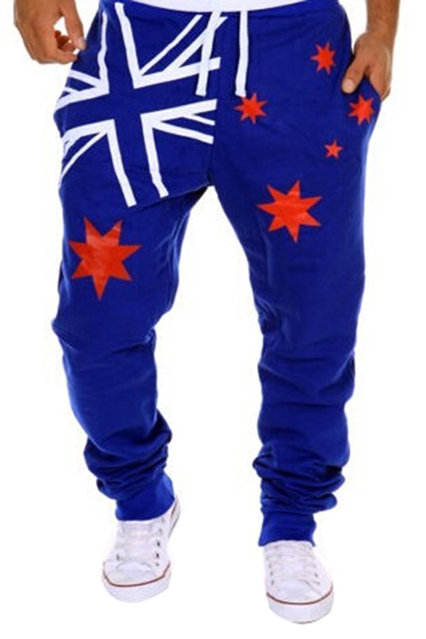Gracefulvara Fashion Pria Kasual Sport Sweat Pants Harem Bendera Nasional Printed Dance Jogging Baggy Pria Panjang Celana (Biru)