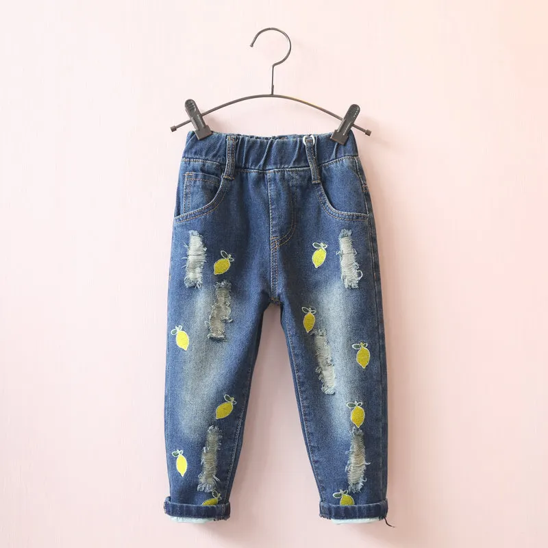 grandwish girl robek lubang jeans lemon pola bordir celana elastis pinggang 24 m 8 t biru