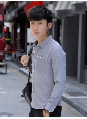 GREY Pria Kemeja Oxford Mens Long Sleeve Shirt NEW Youth Santai Kemeja Slim Siswa Korea-Intl