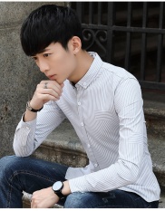 GREY Pria Kemeja Lengan Panjang NEW Business Casual Profesional Stripe Slim Mentops Formal Shirt-Intl
