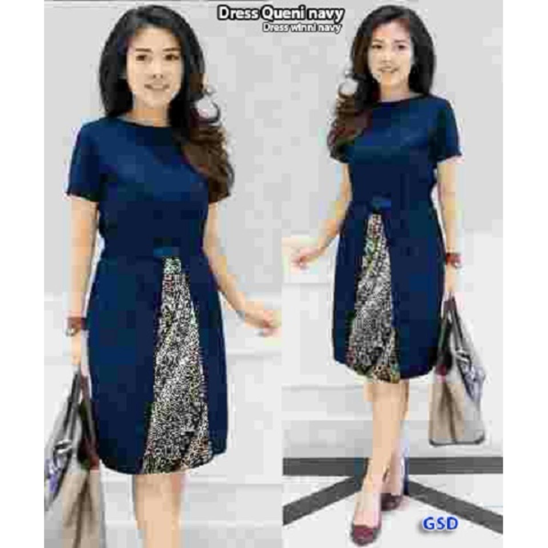 GSD - Dress Batik / Baju Wanita / Dress Pesta / Long Dress / Dress Winni Navy