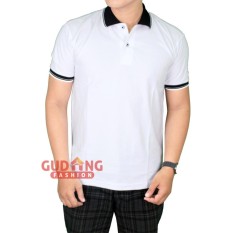 Gudang Fashion - Kaos Berkerah Polos Depan Belakang - Putih Kerah Hitam