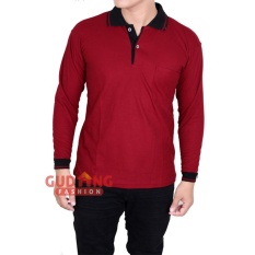 Gudang Fashion - Kaos Pria Lengan Panjang Berkerah - Merah Marron Kerah Hitam