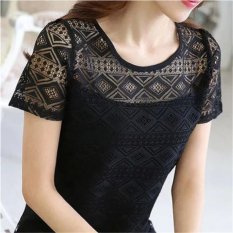 Hang-qiao Renda Berongga Chiffon Shirt Blouse Pendek Lengan Tops Blus (Hitam)-Intl