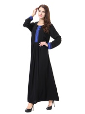 HANYIMIDOO TH903 untuk Wanita Muslim Lady Lengan Panjang O Leher Gaun Maksi Wanita Robe Nasional Retro Gaya Pakaian (Biru) -Intl