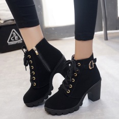 Hanyu Musim Gugur Musim Gugur Wanita Lady PU Leather High Heel Martin Ritsleting Pergelangan Kaki Sepatu Bot Hitam-Intl