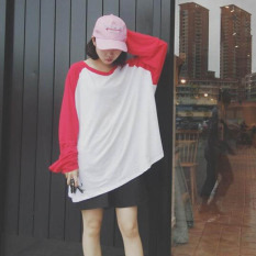 Jingnimeng Kaos Wanita Kombinasi Warna Lengan Panjang (Merah besar) baju wanita baju atasan kemeja wanita