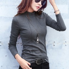 Hasselblad Garis Warna Polos Lengan Panjang Wanita Baju Dalaman Kaos (Abu-abu)