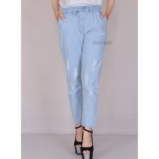 Haymeestore Celana Boyfriend Jeans Wanita Motif Sobek Celana Denim Wanita Blue