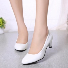 HengSong Baru Busana Wanita OL Karir Rendah Heels Dangkal Mulut Menunjuk Kulit Sepatu Pendudukan Wanita Sepatu Tunggal Pumps (putih) -Intl