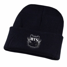 Hequ BTS Unisex Cap Anak Laki-laki Newe Arrival Cool Hangat Musim Dingin Harajuku Korea Wol Knit Letter Caps Hat Pasangan Fashion Topi Hitam-Intl